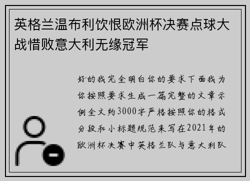 英格兰温布利饮恨欧洲杯决赛点球大战惜败意大利无缘冠军