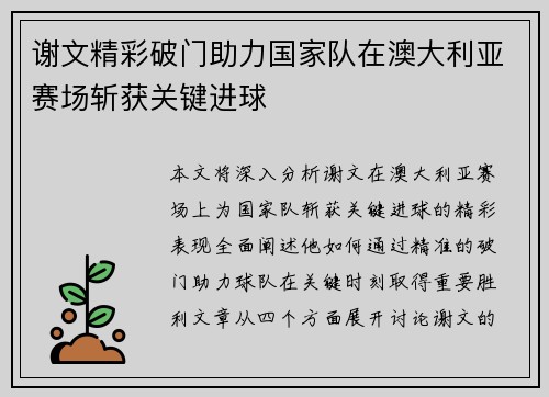 谢文精彩破门助力国家队在澳大利亚赛场斩获关键进球